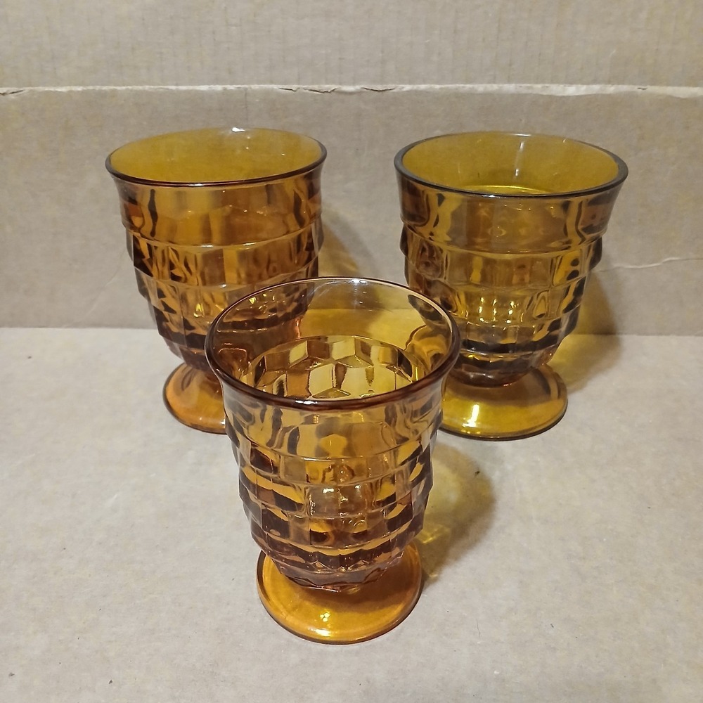 Indiana Glass Whitehall Amber Cubist Footed Glasses Cups Vintage Decor